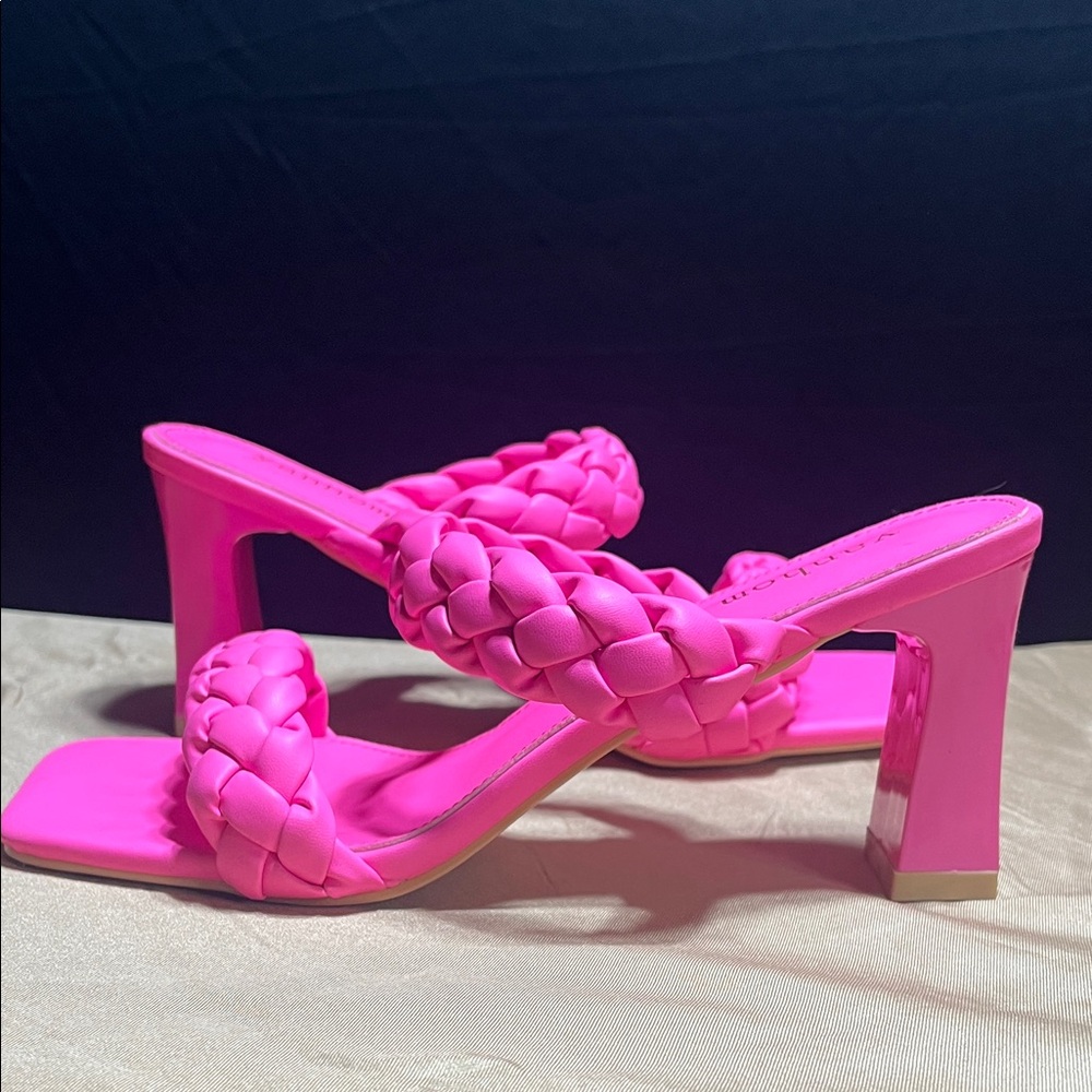 Hot Pink Braided Double-Strap Block Heel Sandals